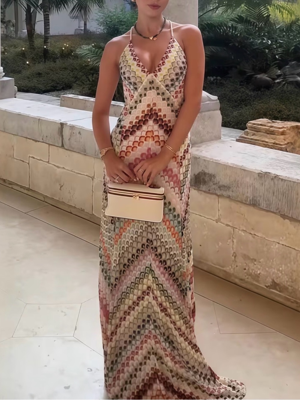 V-Neck Multicolor Chevron Maxi Dress